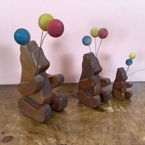 Solid Wood Sitting Teddy Bear Family Holding Balloons Nursery Room Decor By FCR